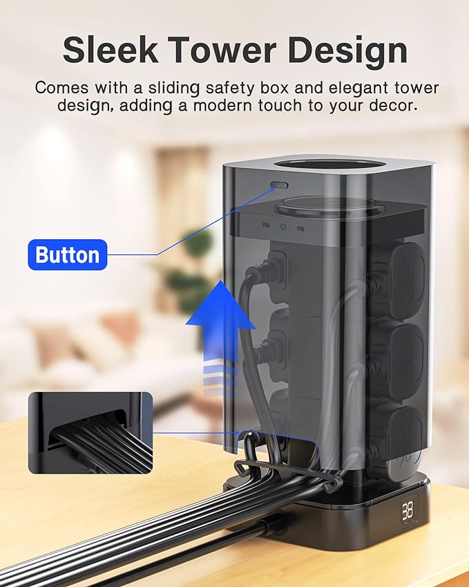 LDNIO Tower Extension Lead with 6 Sockets, 4 USB Slots & Wireless Charger, Power Strips with 24Hr Time Switch and 2M Extension Cord