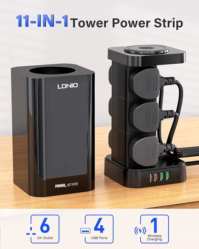 LDNIO Tower Extension Lead with 6 Sockets, 4 USB Slots & Wireless Charger, Power Strips with 24Hr Time Switch and 2M Extension Cord