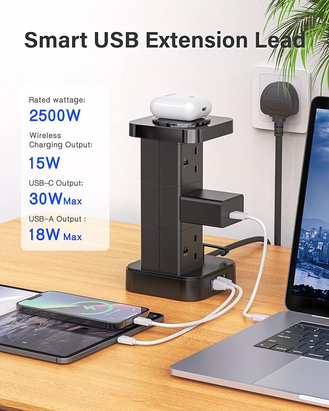 LDNIO Tower Extension Lead with 6 Sockets, 4 USB Slots & Wireless Charger, Power Strips with 24Hr Time Switch and 2M Extension Cord